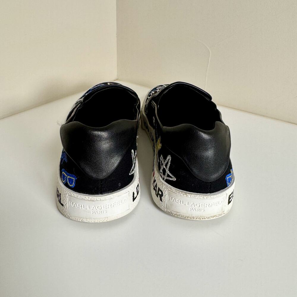 Karl Lagerfeld Paris Jazlyn Slip-On Sneakers Sz 8 Black Embroidered Graffiti - Picture 16 of 16